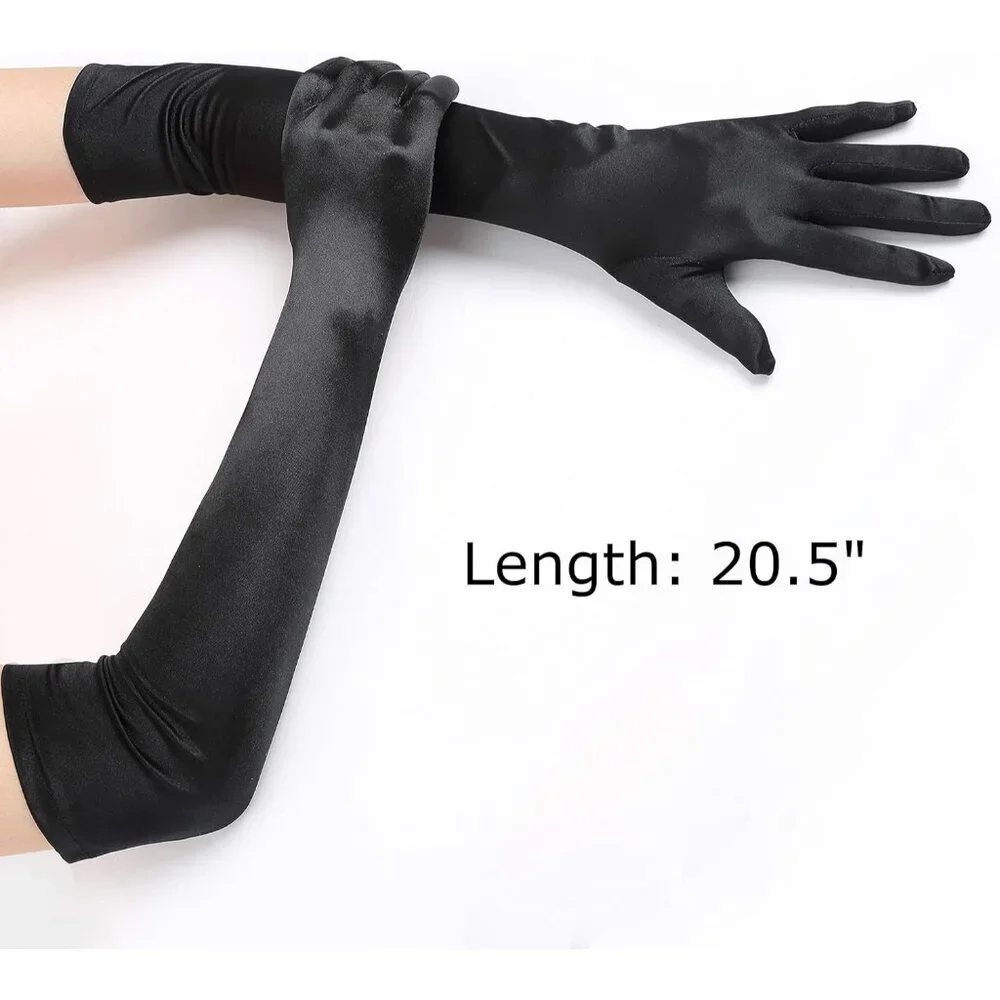 Women's Smooth Black Long Satin Gloves Elbow Length Party Costume Accessory